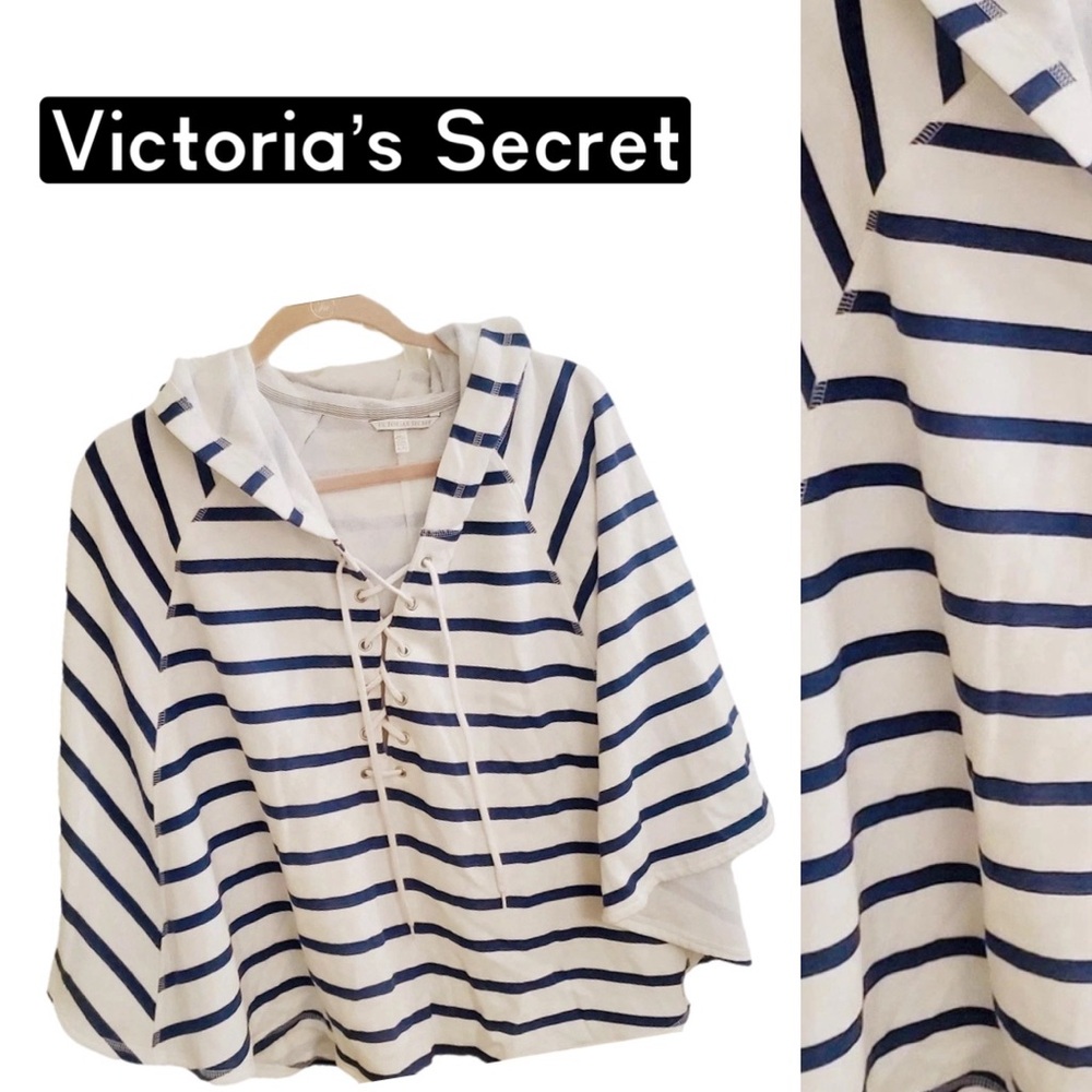 🔥🏷️VICTORIA’S SECRET SUPERMODEL Navy Blue Stripe Hooded Hoodie Poncho Sweater XL